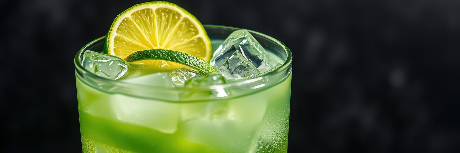 Refreshing cocktail with lime and ice served in a glass on a dark background during a summer evening